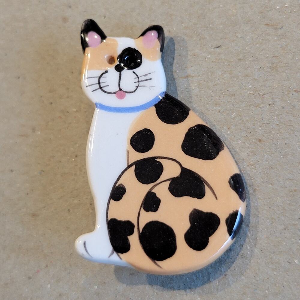 Handmade Calico Cat Pin Brooch Brown Black White 1.7" w/ Free Gift Box